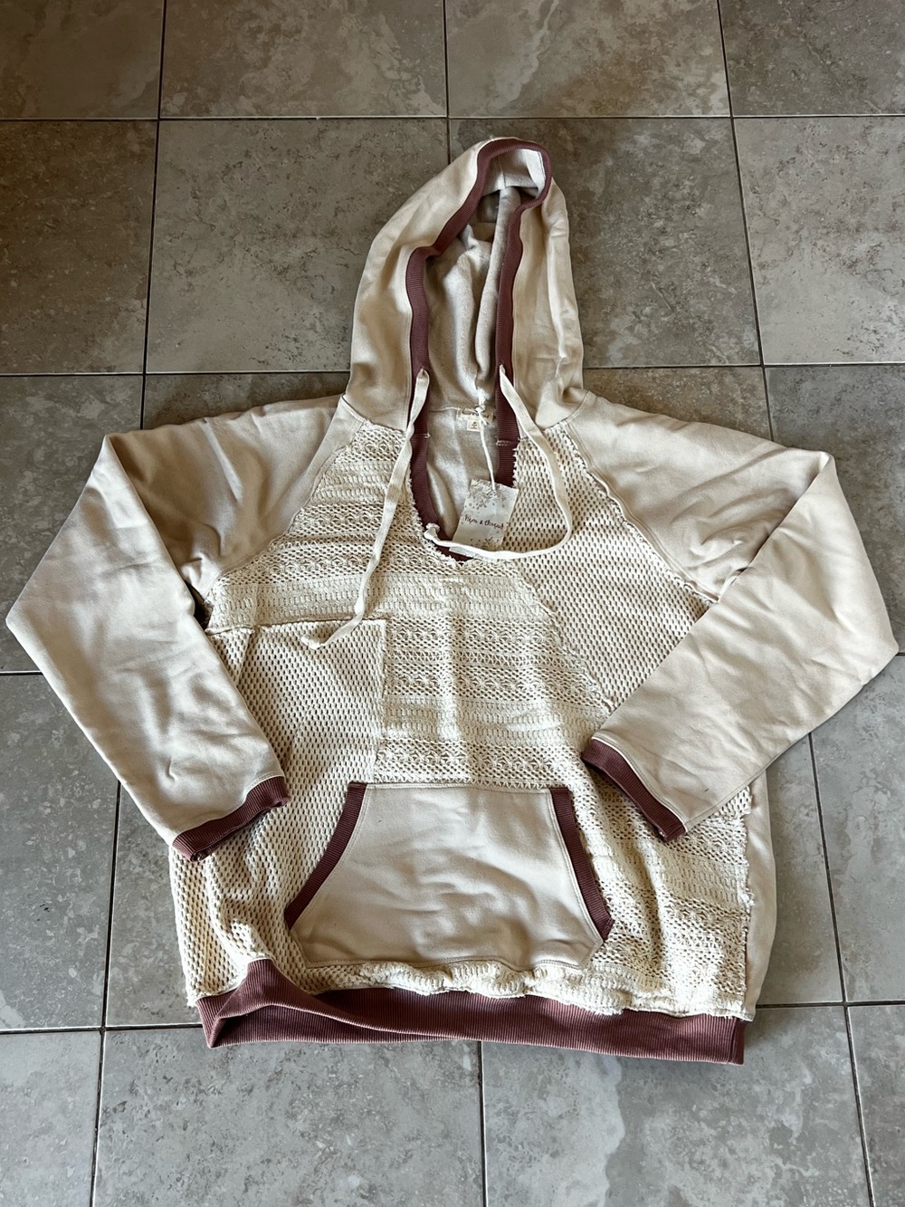 Hem & Thread Cream V-Neck Hooded Sweater with Mauve Trim - Picture 2 of 6